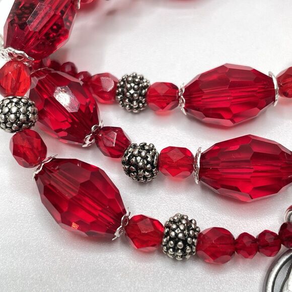 Artisan Red Glass Beaded Silver Tone Gothic Heart Pendant Necklace Statement - Picture 6 of 10